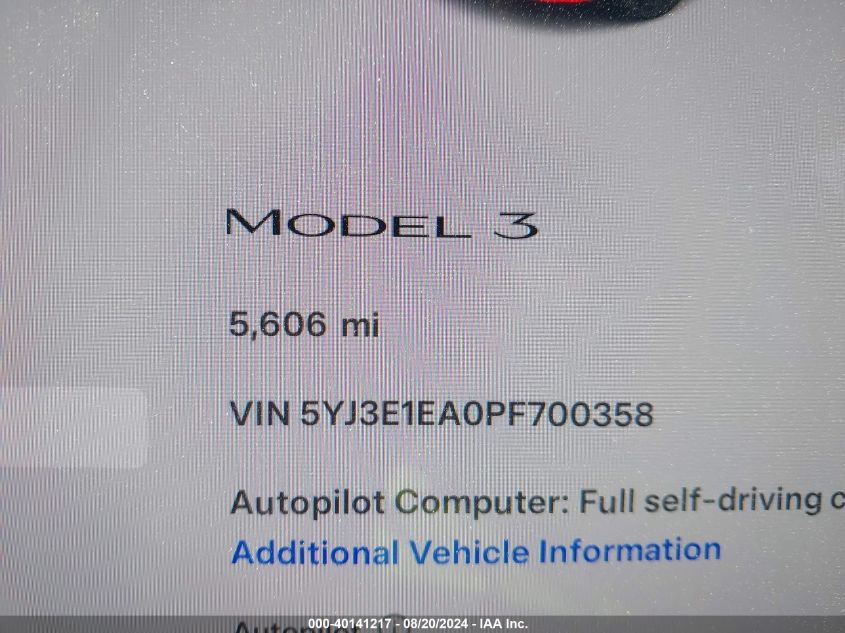 2023 Tesla Model 3 VIN: 5YJ3E1EA0PF700358 Lot: 40141217