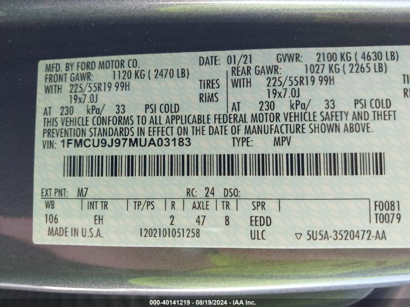 2021 Ford Escape Titanium VIN: 1FMCU9J97MUA03183 Lot: 40141219