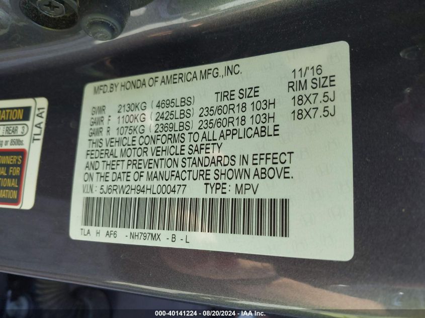 5J6RW2H94HL000477 2017 Honda Cr-V Touring