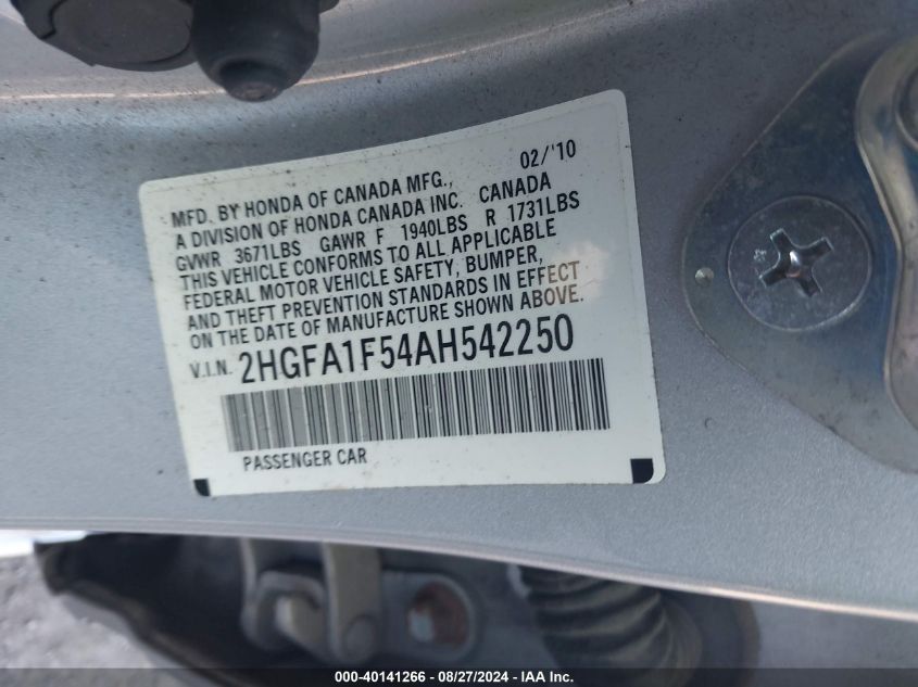 2010 Honda Civic Lx VIN: 2HGFA1F54AH542250 Lot: 40141266