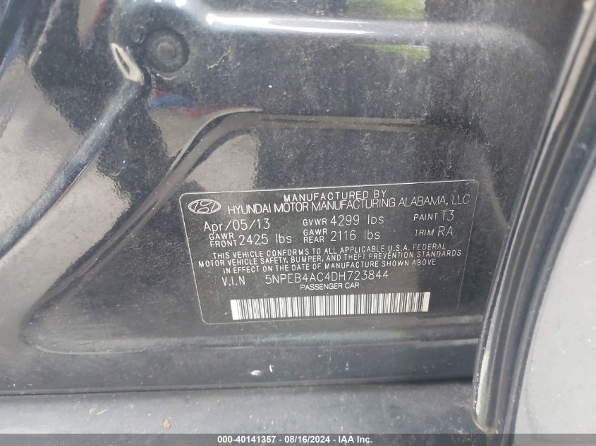 2013 Hyundai Sonata Gls VIN: 5NPEB4AC4DH723844 Lot: 40141357