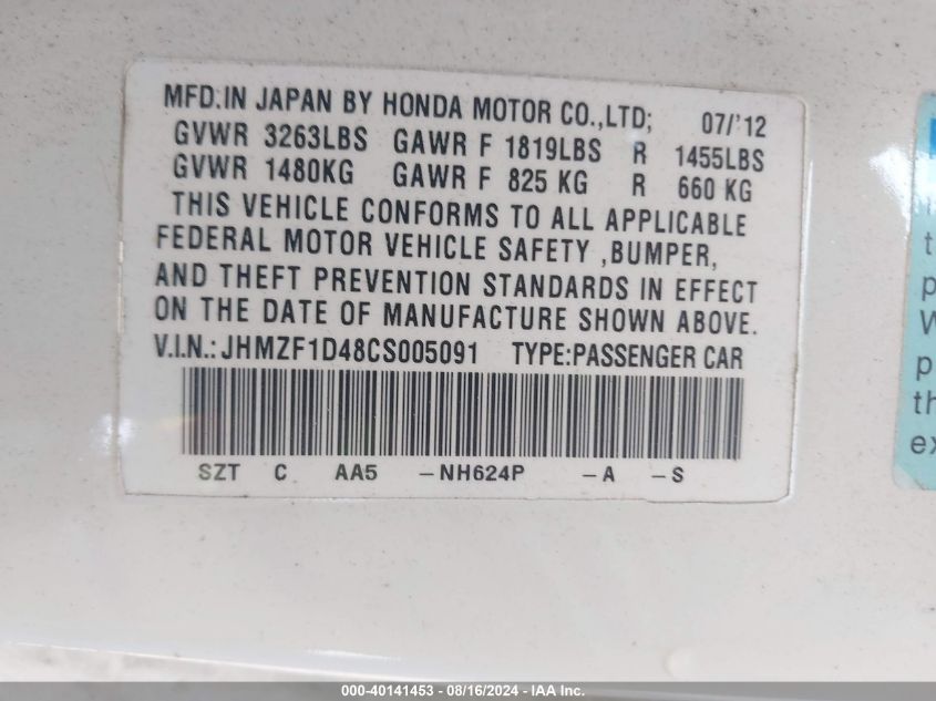 2012 Honda Cr-Z VIN: JHMZF1D48CS005091 Lot: 40141453