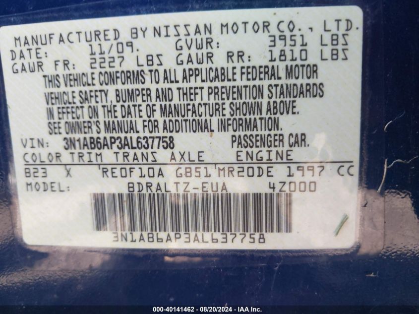 2010 Nissan Sentra 2.0S VIN: 3N1AB6AP3AL637758 Lot: 40141462