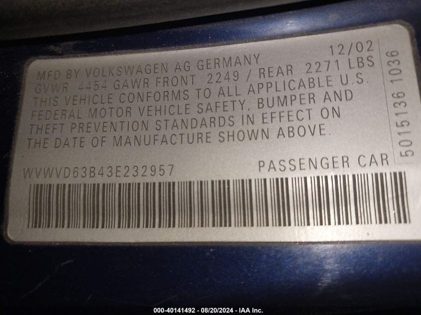 2003 Volkswagen Passat Gls VIN: WVWVD63B43E232957 Lot: 40141492