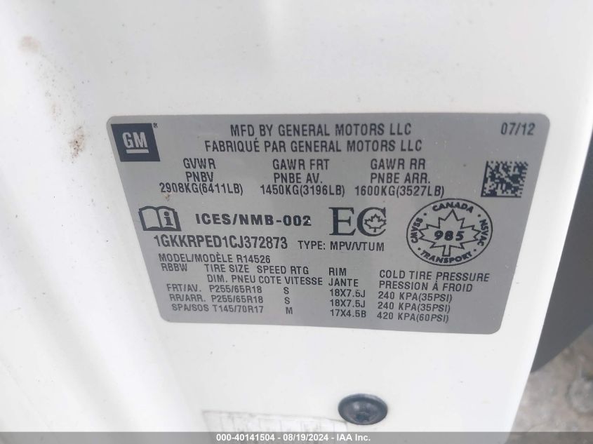2012 GMC Acadia Sle VIN: 1GKKRPED1CJ372873 Lot: 40141504