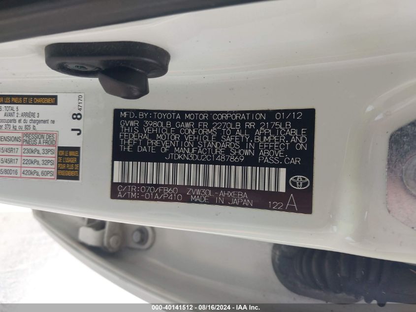 2012 Toyota Prius Three VIN: JTDKN3DU2C1487869 Lot: 40141512