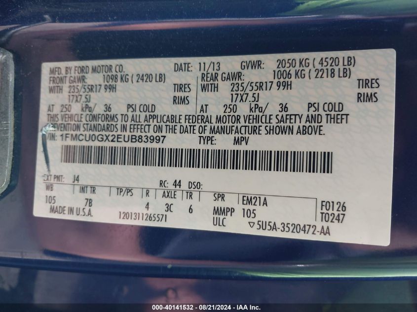 2014 Ford Escape Se VIN: 1FMCU0GX2EUB83997 Lot: 40141532