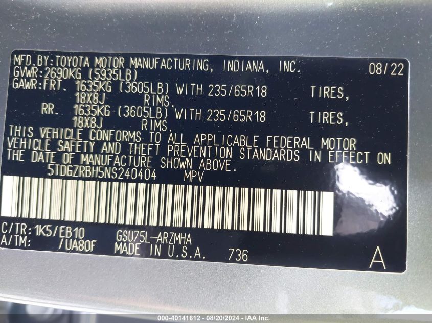 2022 Toyota Highlander Xle VIN: 5TDGZRBH5NS240404 Lot: 40141612