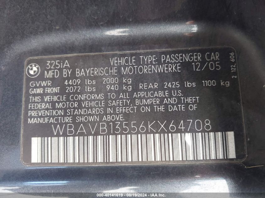 2006 BMW 325I VIN: WBAVB13556KX64708 Lot: 40141619