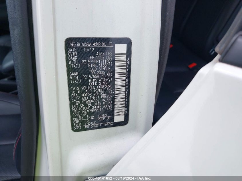 2013 Nissan Juke Sl VIN: JN8AF5MV9DT211180 Lot: 40141652