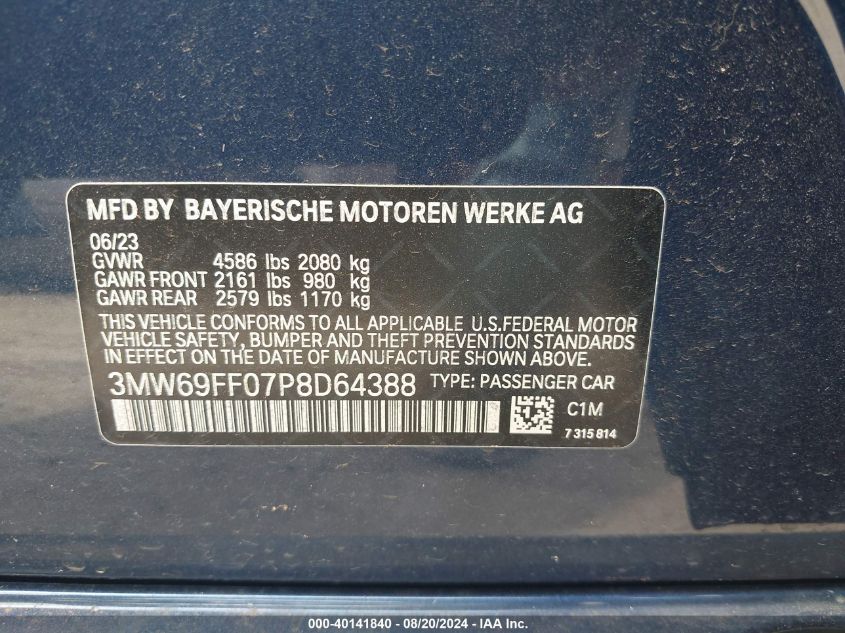 2023 BMW 330I VIN: 3MW69FF07P8D64388 Lot: 40141840