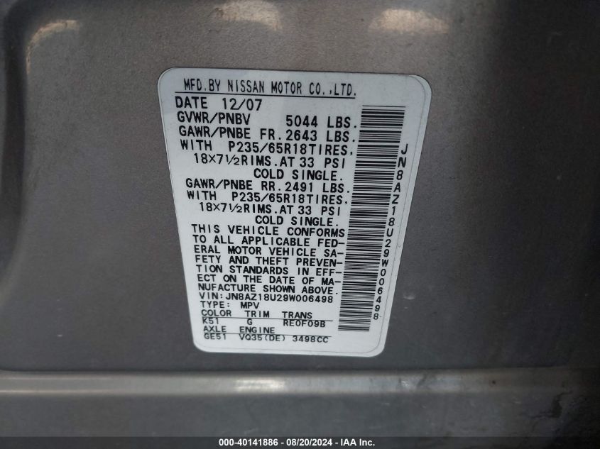 2009 Nissan Murano Sl VIN: JN8AZ18U29W006498 Lot: 40141886