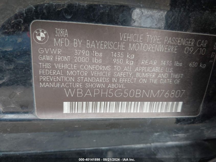2011 BMW 328I VIN: WBAPH5G50BNM76807 Lot: 40141898