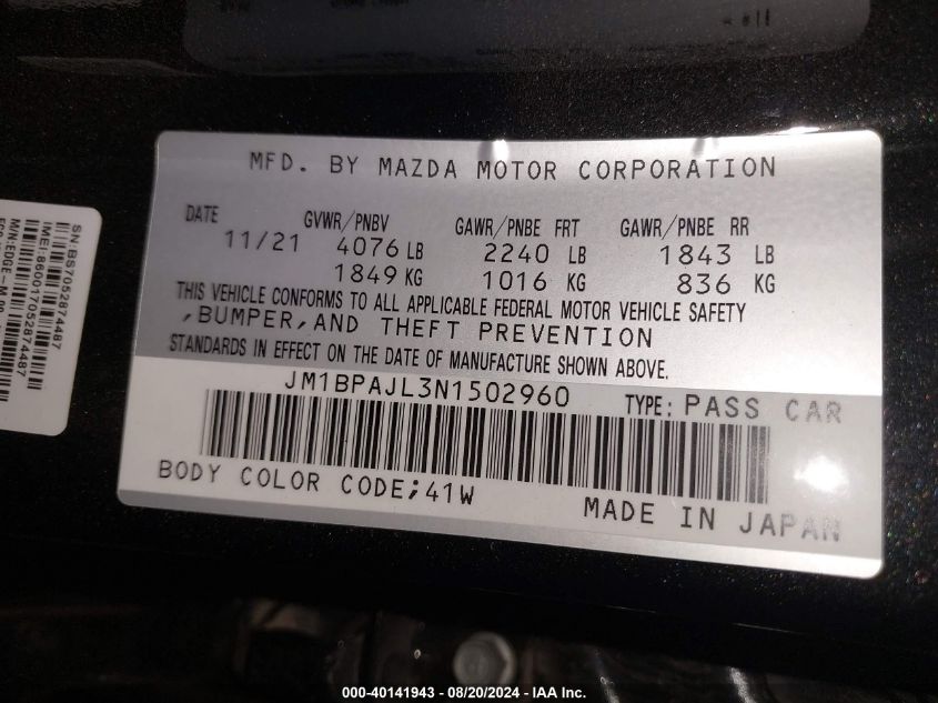 VIN JM1BPAJL3N1502960 2022 MAZDA MAZDA3 2.5 S
