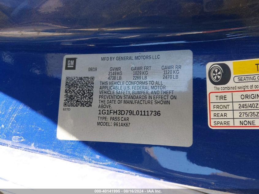 2020 Chevrolet Camaro Rwd 2Ss VIN: 1G1FH3D79L0111736 Lot: 40141995