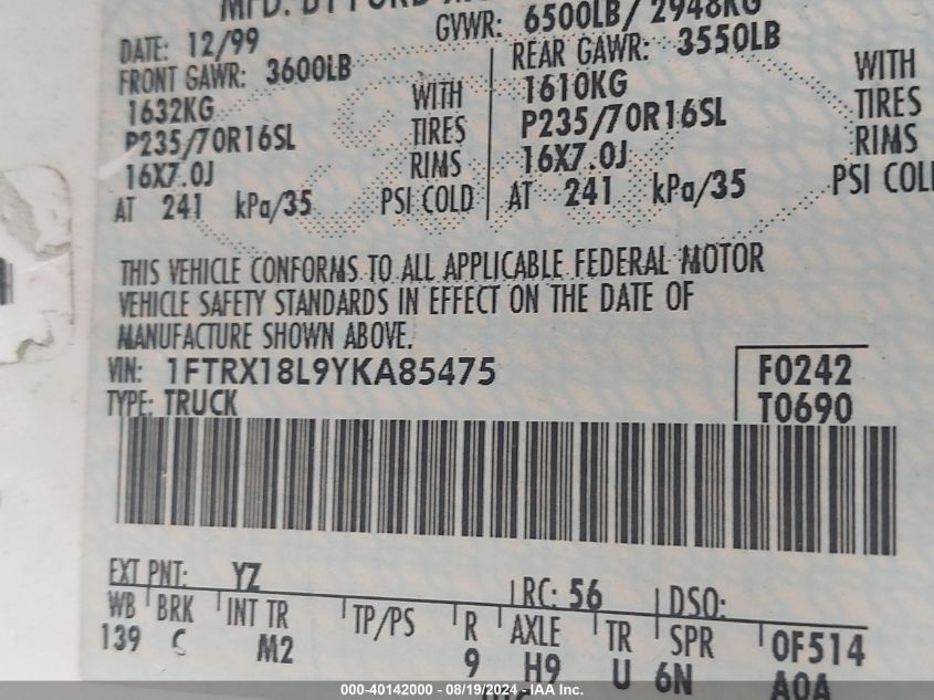 2000 Ford F-150 Lariat/Work Series/Xl/Xlt VIN: 1FTRX18L9YKA85475 Lot: 40142000