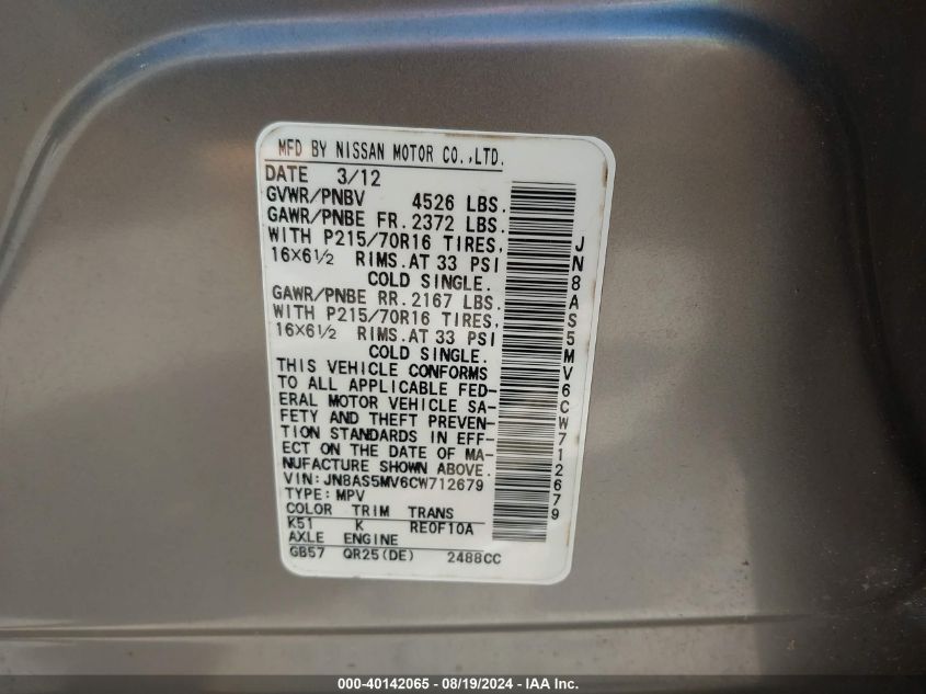 2012 Nissan Rogue S VIN: JN8AS5MV6CW712679 Lot: 40142065