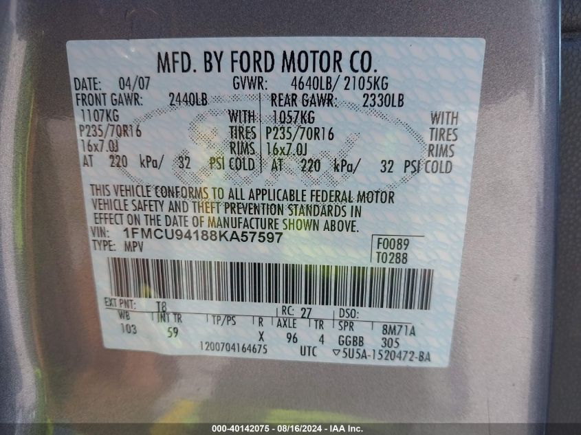 2008 Ford Escape Limited VIN: 1FMCU94188KA57597 Lot: 40142075