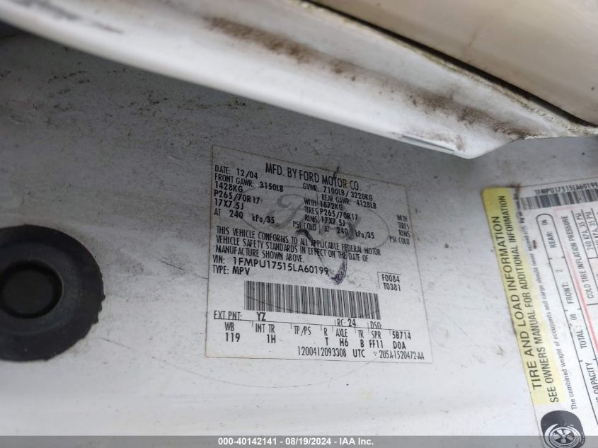 2005 Ford Expedition Eddie Bauer/King Ranch VIN: 1FMPU17515LA60199 Lot: 40142141