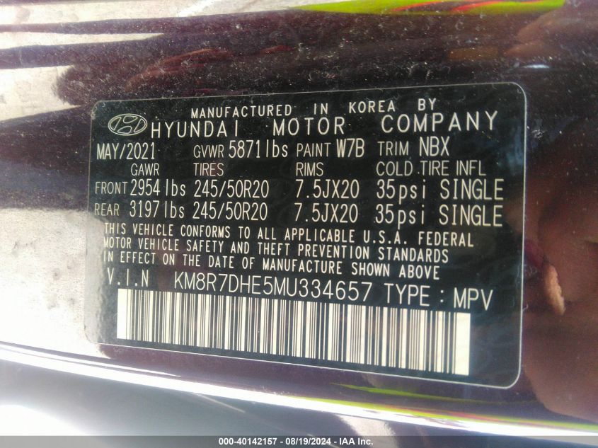 2021 Hyundai Palisade Calligraphy VIN: KM8R7DHE5MU334657 Lot: 40142157