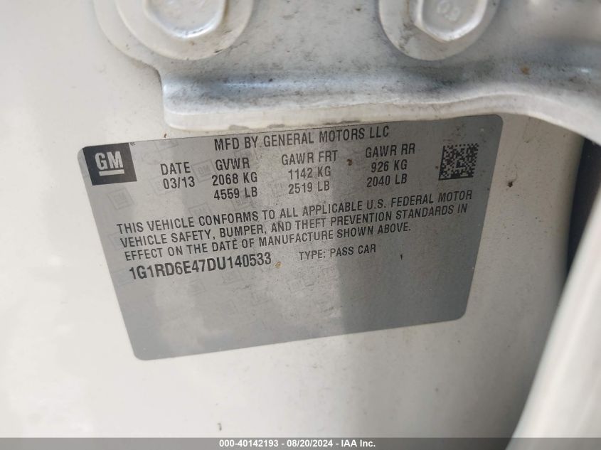 2013 Chevrolet Volt VIN: 1G1RD6E47DU140533 Lot: 40142193