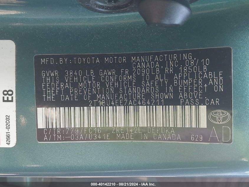 2010 Toyota Corolla Le VIN: 2T1BU4EE7AC464211 Lot: 40142210
