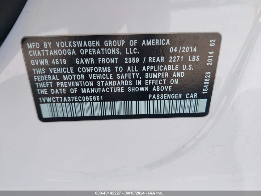 2014 Volkswagen Passat 1.8T Sel Premium VIN: 1VWCT7A37EC095651 Lot: 40142227