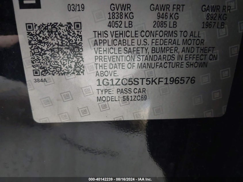 VIN 1G1ZC5ST5KF196576 2019 CHEVROLET MALIBU 1FL