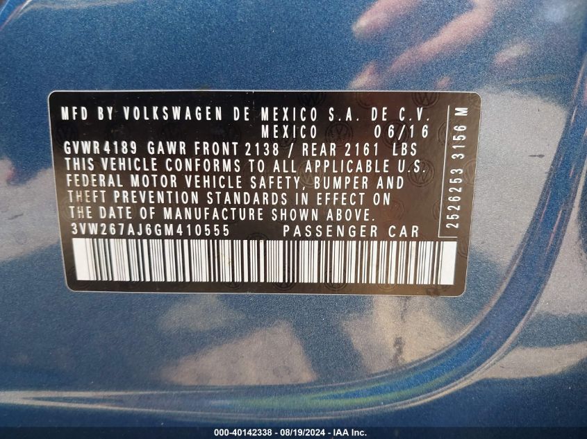 2016 Volkswagen Jetta 1.4T S VIN: 3VW267AJ6GM410555 Lot: 40142338
