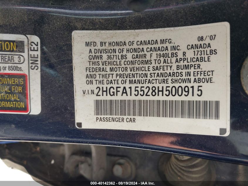 2008 Honda Civic Lx VIN: 2HGFA15528H500915 Lot: 40142362