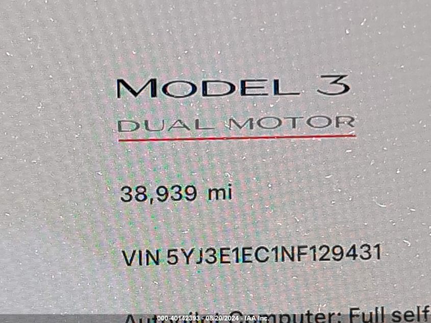 2022 Tesla Model 3 Performance Dual Motor All-Wheel Drive VIN: 5YJ3E1EC1NF129431 Lot: 40142393