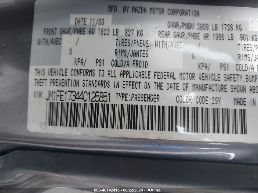 2004 Mazda Rx-8 6 Speed Manual VIN: JM1FE173440125851 Lot: 40142418