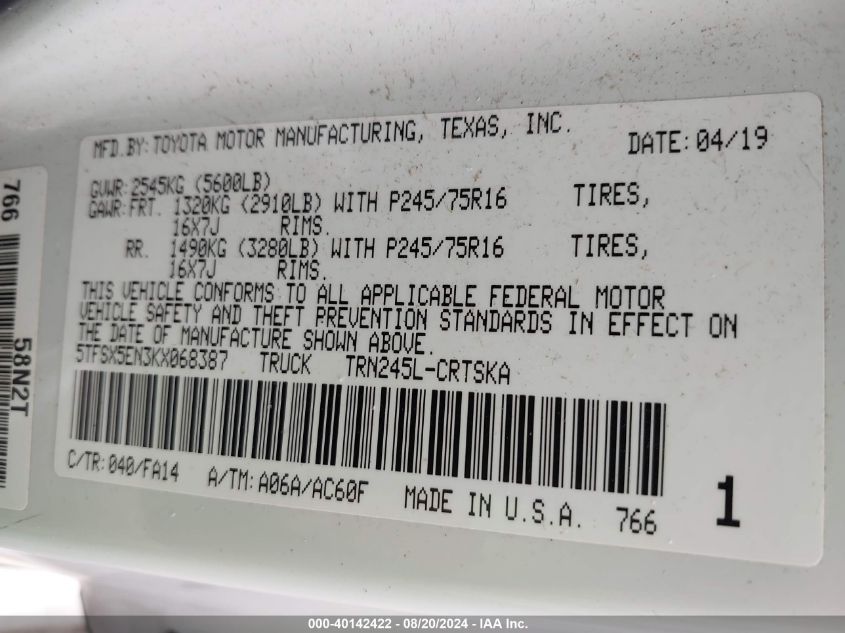 2019 Toyota Tacoma Sr VIN: 5TFSX5EN3KX068387 Lot: 40142422