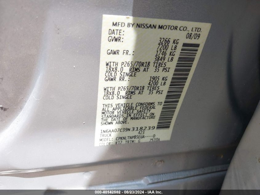 2009 Nissan Titan Se VIN: 1N6AA07C39N318239 Lot: 40142502