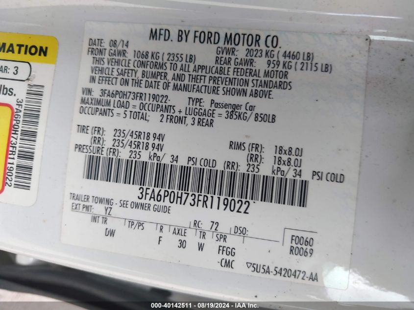 2015 FORD FUSION SE - 3FA6P0H73FR119022