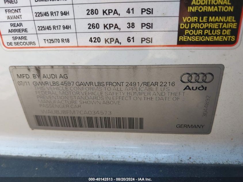 2012 Audi A3 2.0 Tdi Premium VIN: WAUBJBFM7CA034573 Lot: 40142513