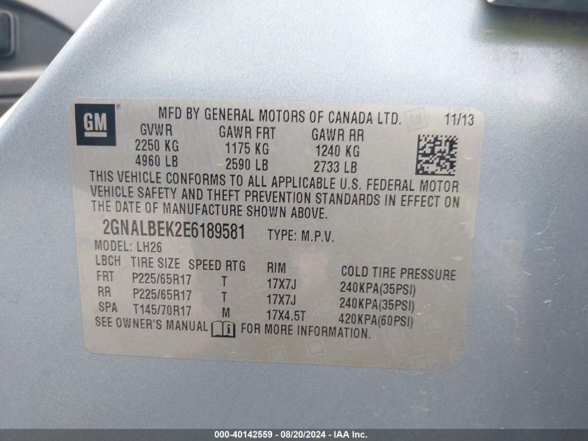 2014 Chevrolet Equinox 1Lt VIN: 2GNALBEK2E6189581 Lot: 40142559