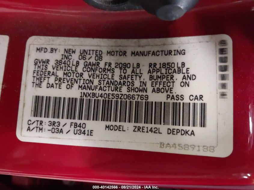 2009 Toyota Corolla Le VIN: 1NXBU40E59Z066769 Lot: 40142566