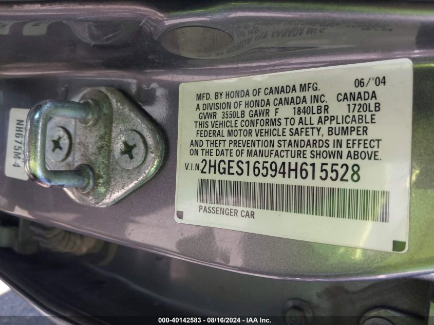 2004 Honda Civic Lx VIN: 2HGES16594H615528 Lot: 40142583