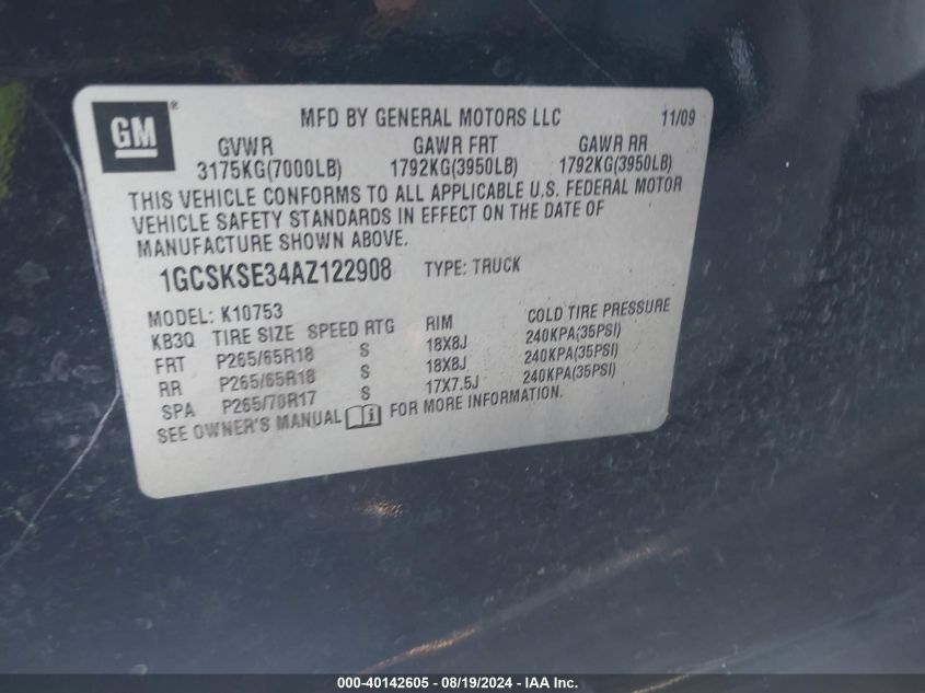 2010 Chevrolet Silverado 1500 Lt VIN: 1GCSKSE34AZ122908 Lot: 40142605