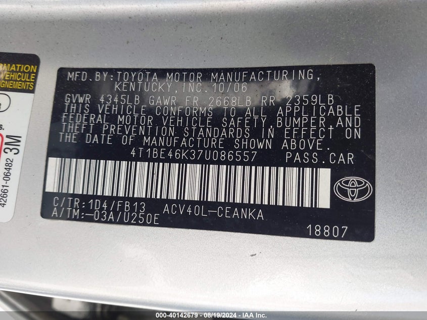 2007 Toyota Camry Le VIN: 4T1BE46K37U086557 Lot: 40142679