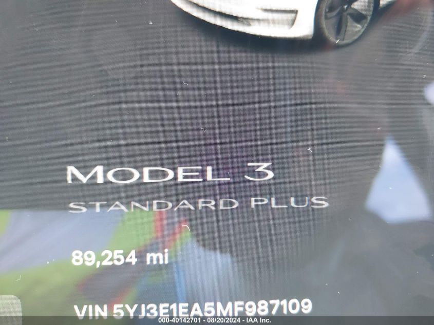 2021 Tesla Model 3 VIN: 5YJ3E1EA5MF987109 Lot: 40142701