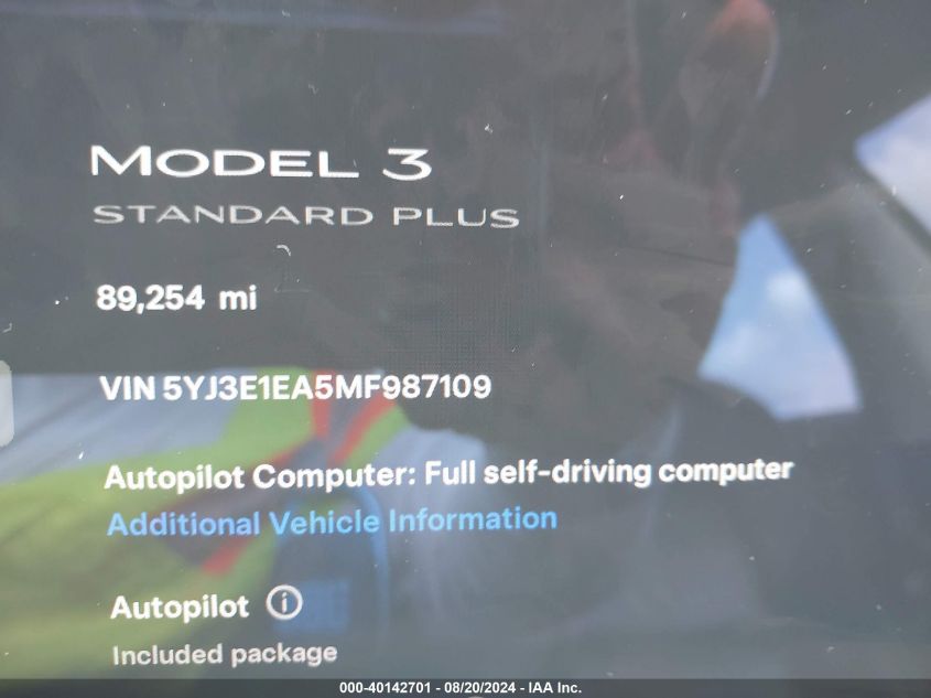 2021 Tesla Model 3 VIN: 5YJ3E1EA5MF987109 Lot: 40142701