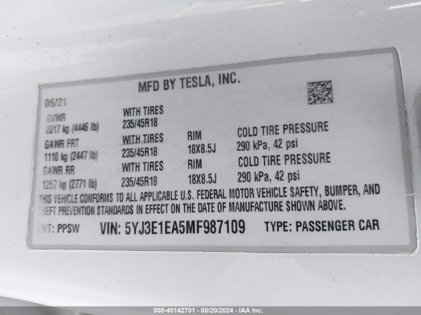 2021 Tesla Model 3 VIN: 5YJ3E1EA5MF987109 Lot: 40142701