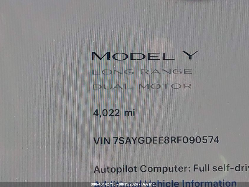 2024 Tesla Model Y Long Range Dual Motor All-Wheel Drive VIN: 7SAYGDEE8RF090574 Lot: 40142793