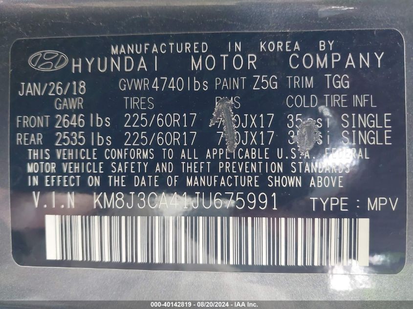 KM8J3CA41JU675991 2018 Hyundai Tucson Sel