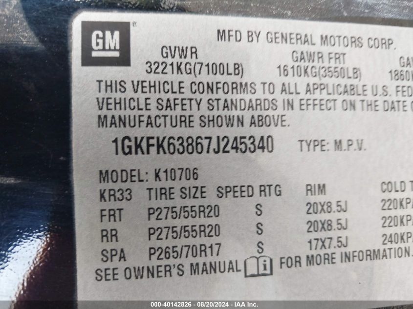 2007 GMC Yukon Denali VIN: 1GKFK63867J245340 Lot: 40142826