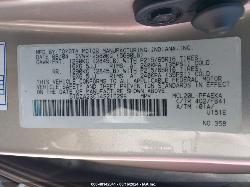 2004 Toyota Sienna Le VIN: 5TDZA23C14S216299 Lot: 40142841