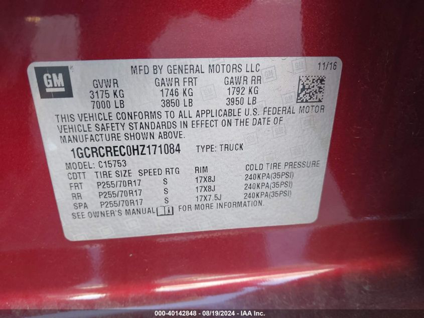 1GCRCREC0HZ171084 2017 Chevrolet Silverado 1500 1Lt