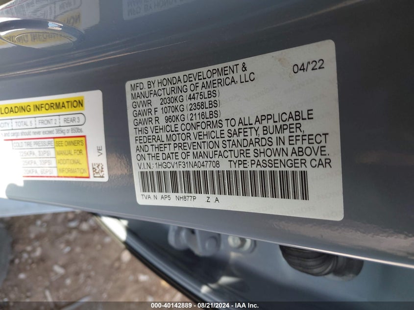 VIN 1HGCV1F31NA047708 2022 HONDA ACCORD SPORT
